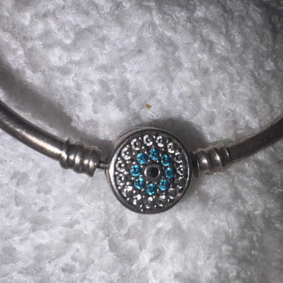 Sterling  Silver bangle charm Bracelet with evil eye clasp with blue&white stone - Picture 2 of 10